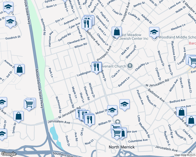 map of restaurants, bars, coffee shops, grocery stores, and more near 877 Blendwood Drive in East Meadow