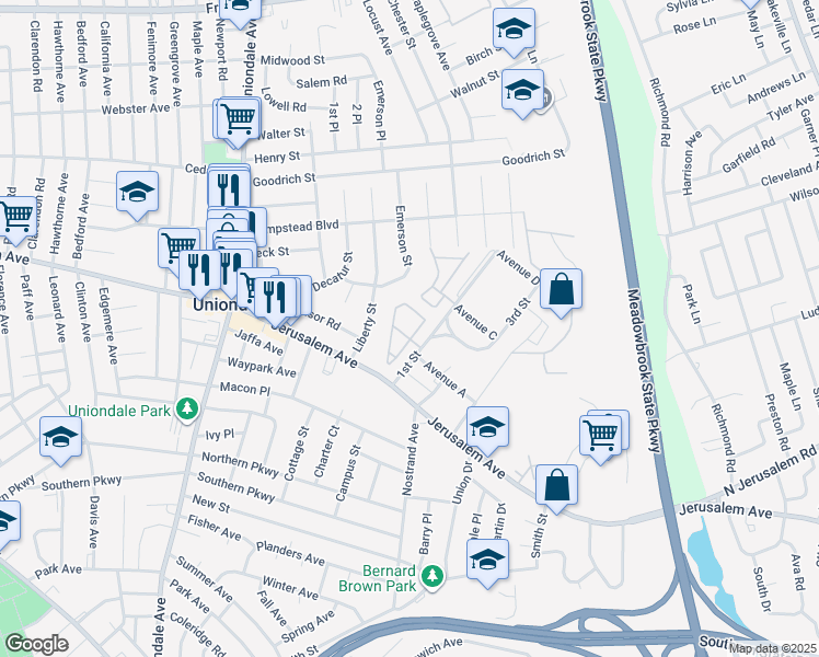 map of restaurants, bars, coffee shops, grocery stores, and more near 1st Street in Uniondale