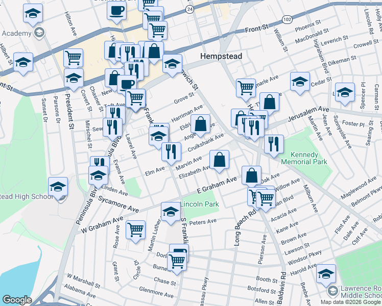 map of restaurants, bars, coffee shops, grocery stores, and more near 49 Marvin Avenue in Hempstead