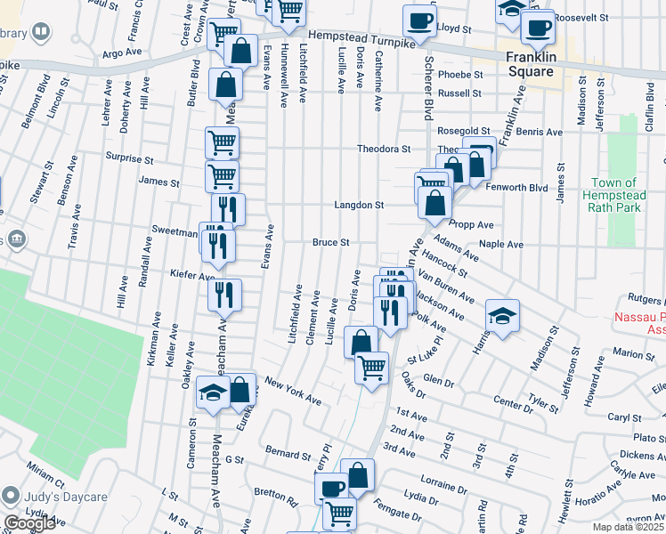 map of restaurants, bars, coffee shops, grocery stores, and more near 339 Clement Avenue in Elmont