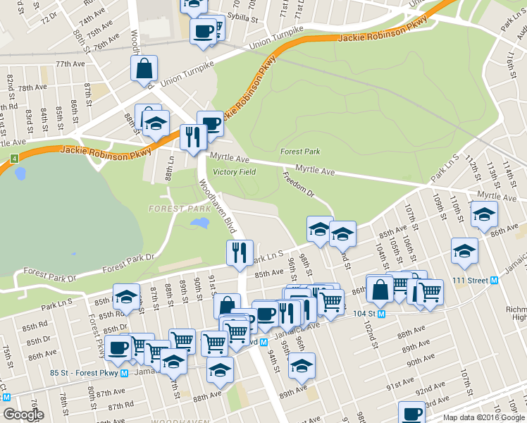 map of restaurants, bars, coffee shops, grocery stores, and more near 83-30 98th Street in Queens