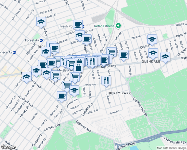 map of restaurants, bars, coffee shops, grocery stores, and more near 72-44 61st Street in Queens