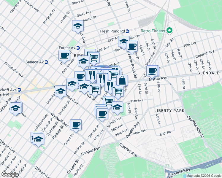 map of restaurants, bars, coffee shops, grocery stores, and more near 72-20 Forest Avenue in Queens