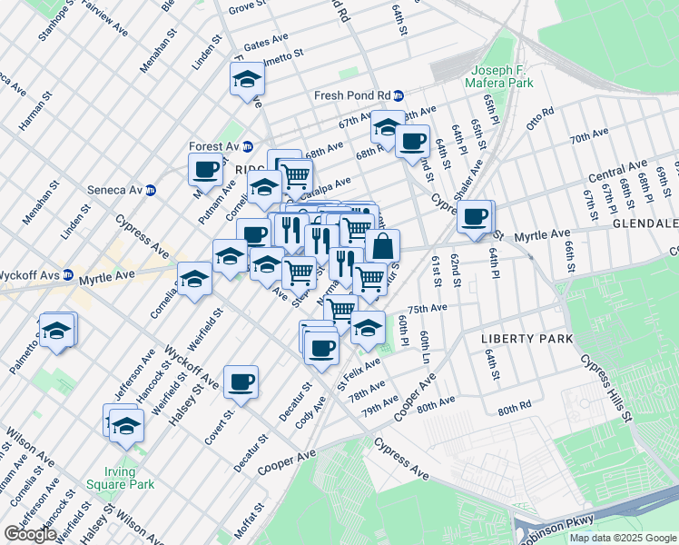 map of restaurants, bars, coffee shops, grocery stores, and more near 72-20 Forest Avenue in Queens