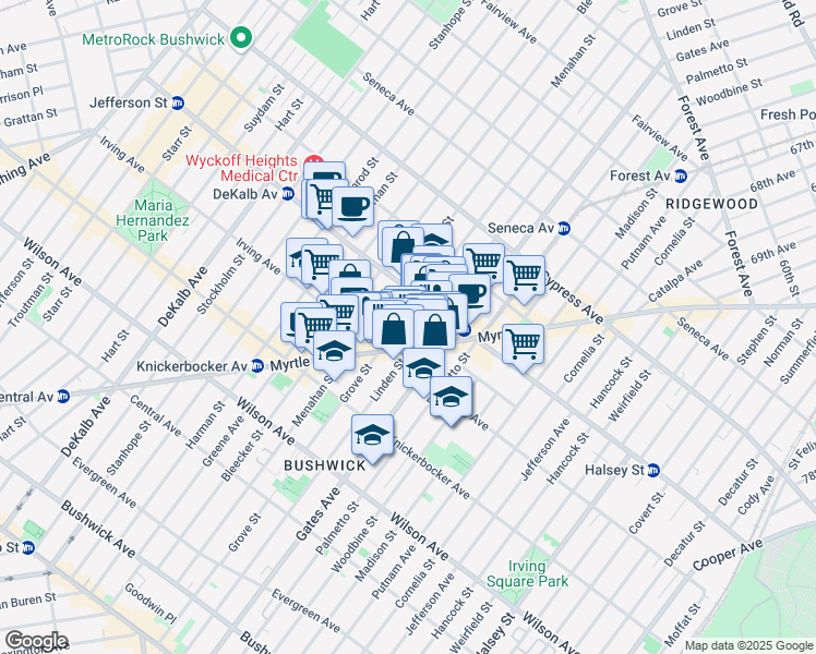 map of restaurants, bars, coffee shops, grocery stores, and more near 320 Irving Avenue in Brooklyn