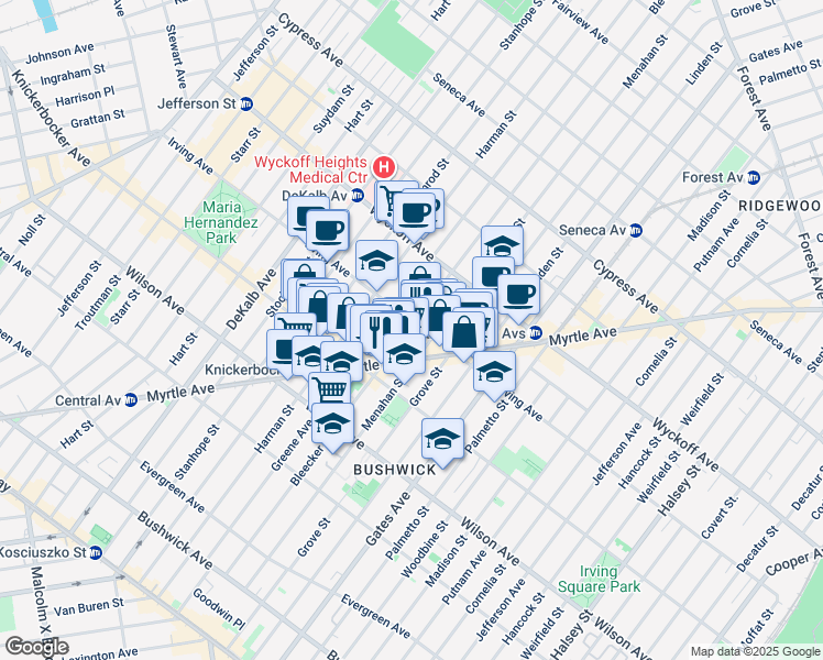 map of restaurants, bars, coffee shops, grocery stores, and more near 275 Bleecker Street in Brooklyn