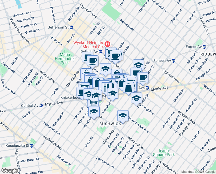 map of restaurants, bars, coffee shops, grocery stores, and more near 275 Bleecker Street in Brooklyn