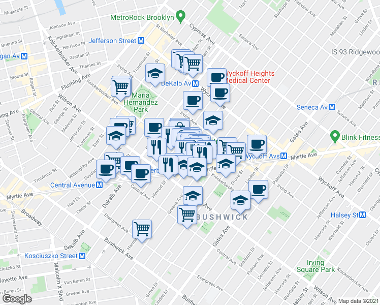 map of restaurants, bars, coffee shops, grocery stores, and more near in Brooklyn