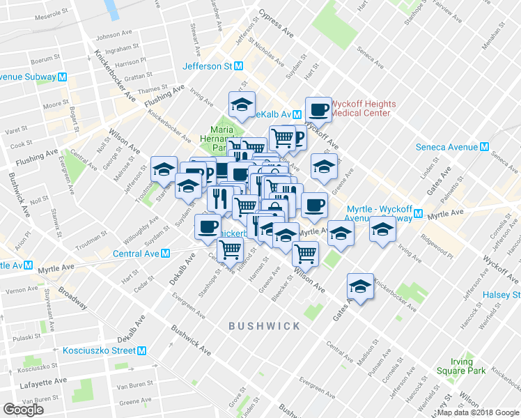 map of restaurants, bars, coffee shops, grocery stores, and more near 180 Stanhope Street in Brooklyn