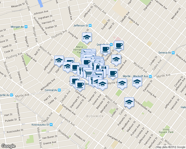 map of restaurants, bars, coffee shops, grocery stores, and more near 180 Stanhope Street in Brooklyn