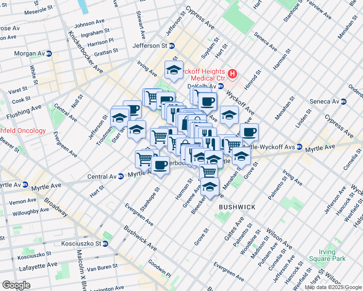 map of restaurants, bars, coffee shops, grocery stores, and more near 180 Stanhope Street in Brooklyn