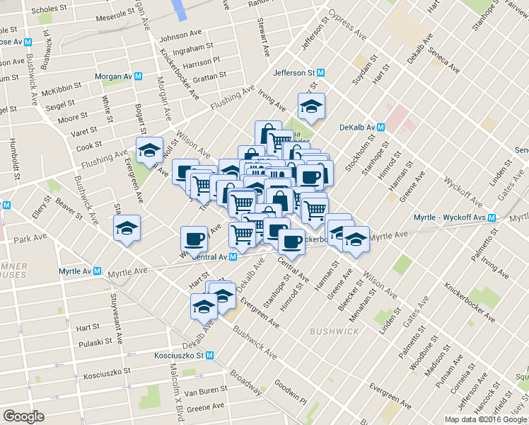 map of restaurants, bars, coffee shops, grocery stores, and more near 172 Suydam Street in Brooklyn