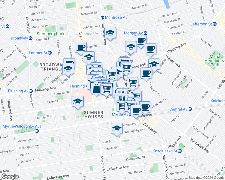 map of restaurants, bars, coffee shops, grocery stores, and more near 24 Park Street in Brooklyn