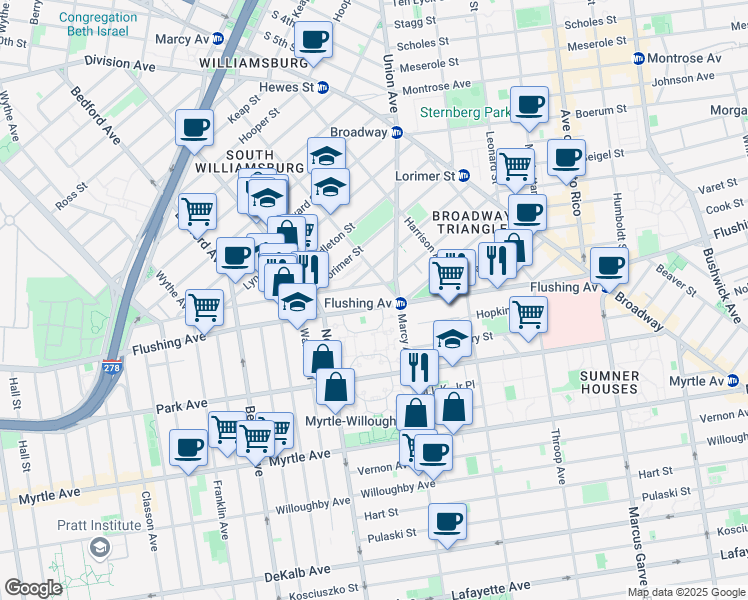 map of restaurants, bars, coffee shops, grocery stores, and more near 579 Flushing Avenue in Brooklyn