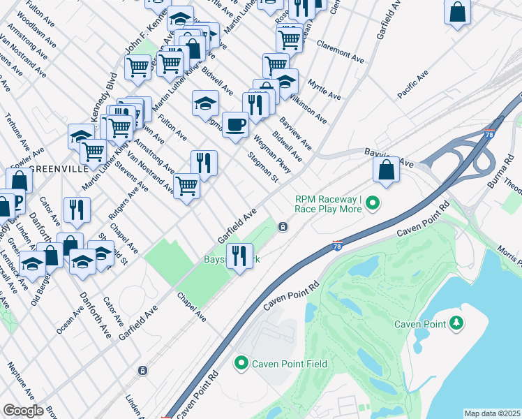 map of restaurants, bars, coffee shops, grocery stores, and more near 538 Garfield Avenue in Jersey City