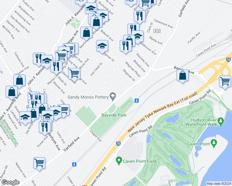 map of restaurants, bars, coffee shops, grocery stores, and more near 13 Woodlawn Avenue in Jersey City