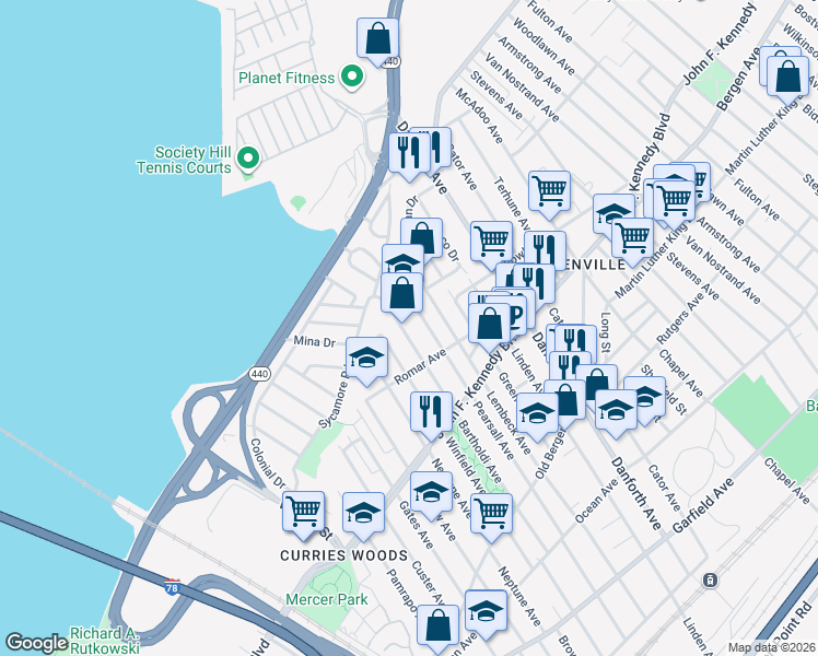 map of restaurants, bars, coffee shops, grocery stores, and more near 210 Bartholdi Avenue in Jersey City
