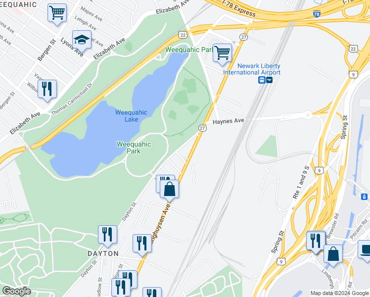 map of restaurants, bars, coffee shops, grocery stores, and more near 641 Frelinghuysen Avenue in Newark