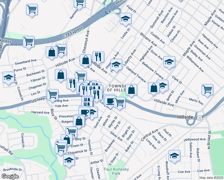 map of restaurants, bars, coffee shops, grocery stores, and more near 286 Shelton Terrace in Hillside