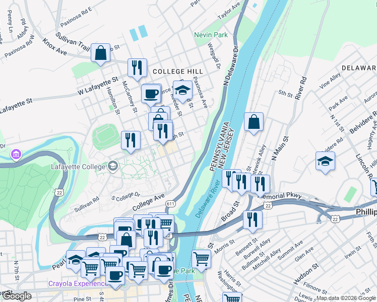 map of restaurants, bars, coffee shops, grocery stores, and more near 329 Clinton Terrace in Easton