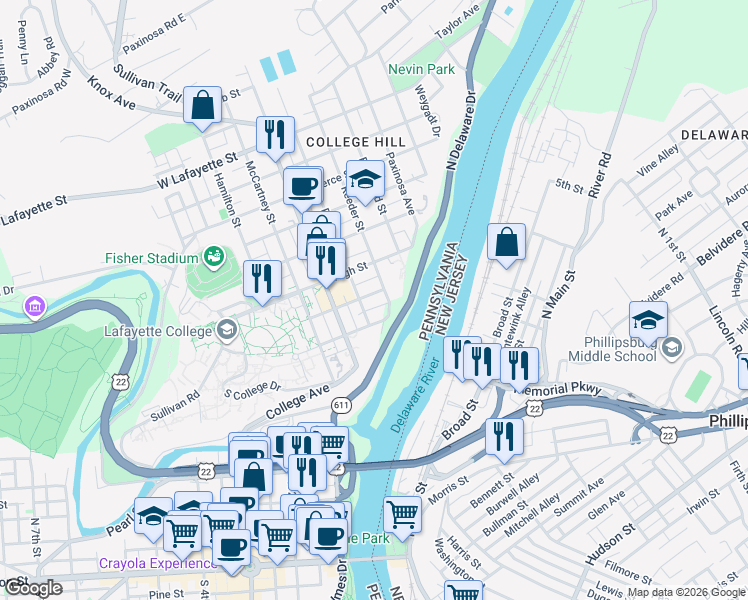 map of restaurants, bars, coffee shops, grocery stores, and more near 329 Clinton Terrace in Easton