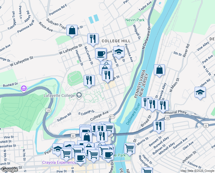 map of restaurants, bars, coffee shops, grocery stores, and more near 512 March Street in Easton