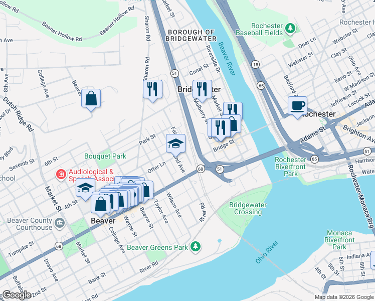 map of restaurants, bars, coffee shops, grocery stores, and more near 372 East End Avenue in Beaver