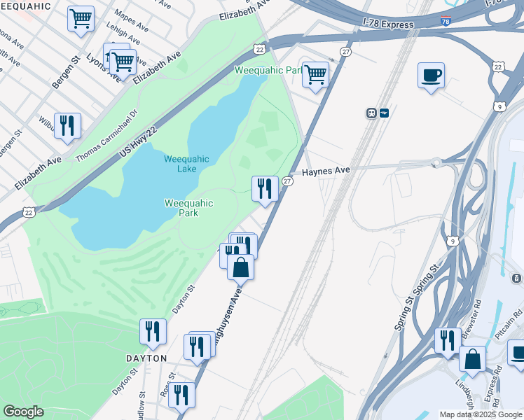 map of restaurants, bars, coffee shops, grocery stores, and more near 32 Dayton Street in Newark