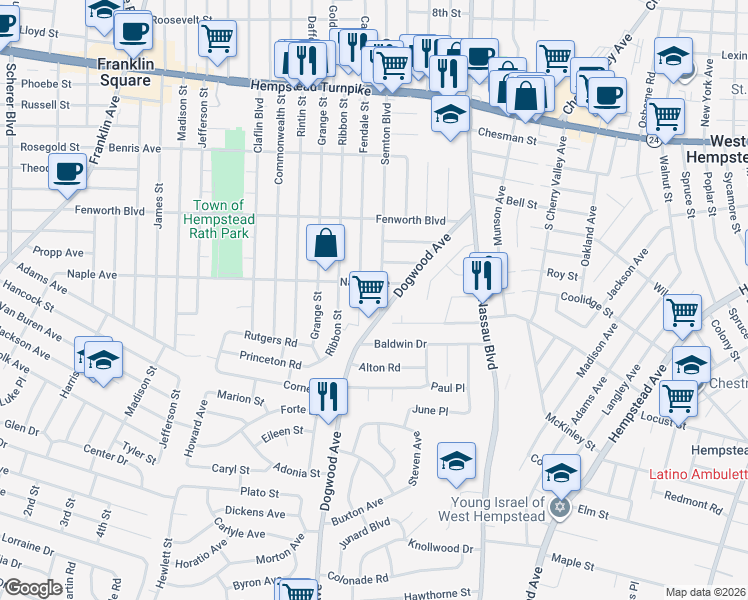 map of restaurants, bars, coffee shops, grocery stores, and more near 300 Semton Boulevard in Franklin Square