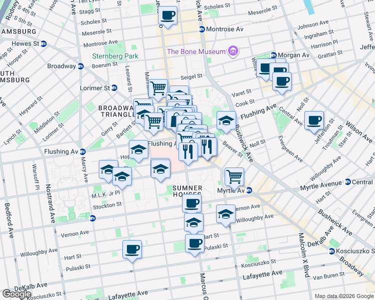 map of restaurants, bars, coffee shops, grocery stores, and more near 7 Marcus Garvey Boulevard in Brooklyn