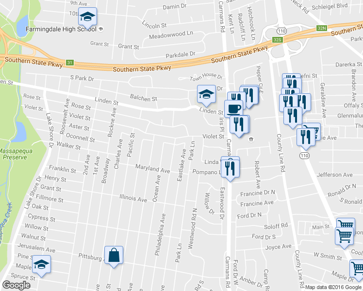 map of restaurants, bars, coffee shops, grocery stores, and more near 482 Eastlake Avenue in Massapequa Park