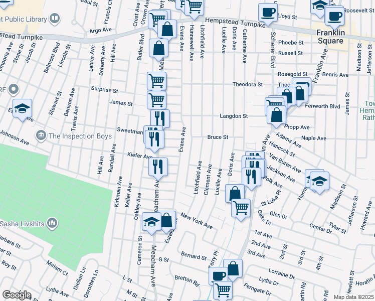 map of restaurants, bars, coffee shops, grocery stores, and more near 340 Litchfield Avenue in Elmont