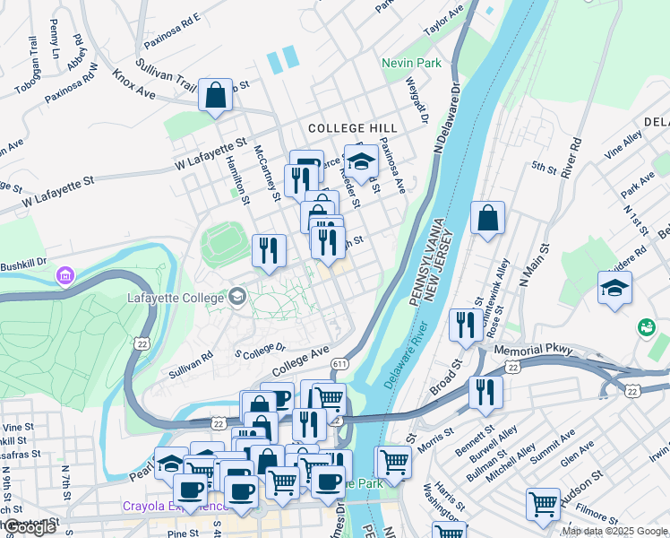 map of restaurants, bars, coffee shops, grocery stores, and more near 512 March Street in Easton
