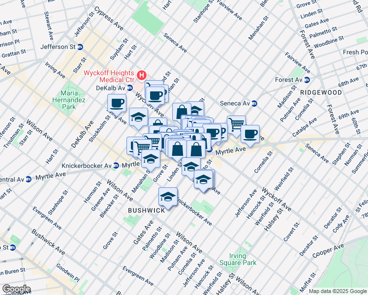 map of restaurants, bars, coffee shops, grocery stores, and more near 320 Irving Avenue in Brooklyn