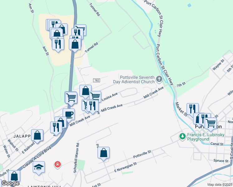 map of restaurants, bars, coffee shops, grocery stores, and more near Louisa Avenue in Pottsville