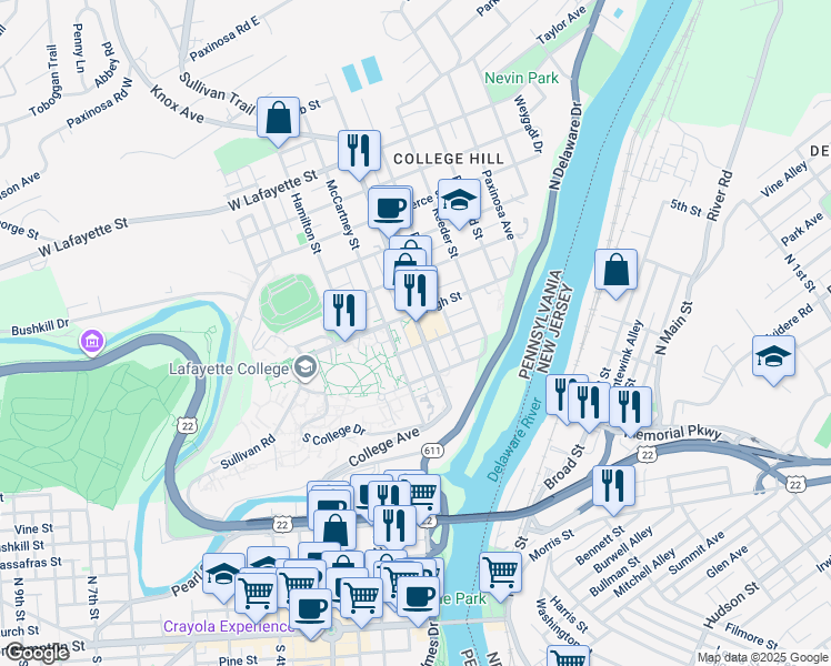 map of restaurants, bars, coffee shops, grocery stores, and more near 512 March Street in Easton