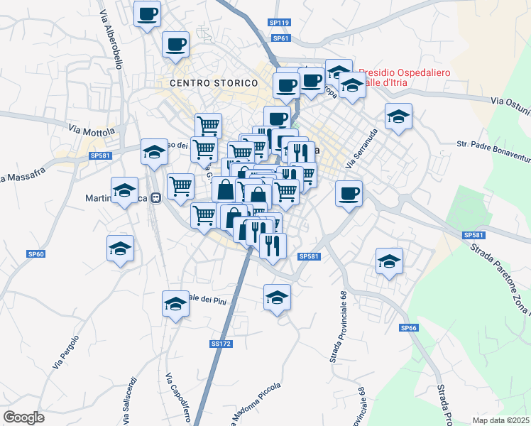 map of restaurants, bars, coffee shops, grocery stores, and more near 25 Via Taranto in Martina Franca