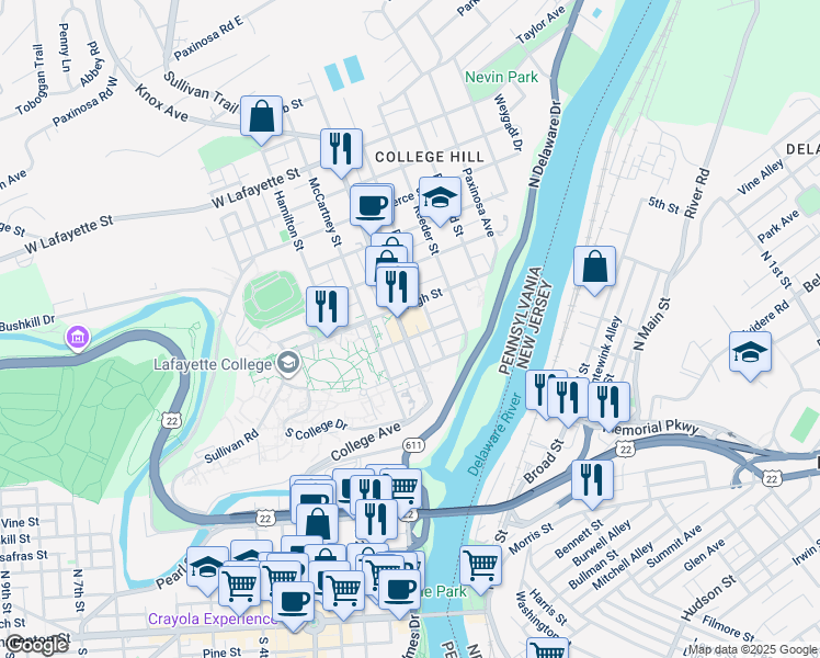 map of restaurants, bars, coffee shops, grocery stores, and more near 209 Cattell Street in Easton