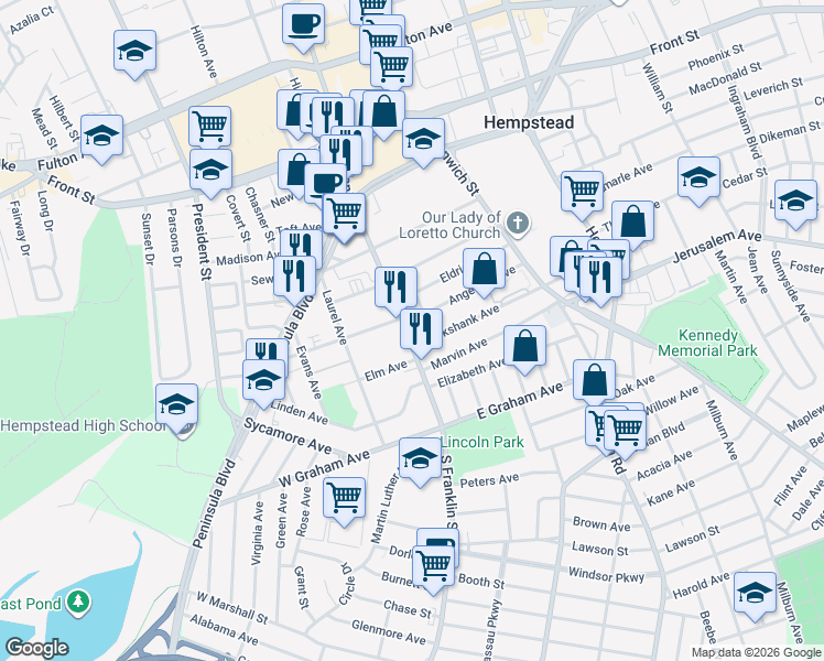 map of restaurants, bars, coffee shops, grocery stores, and more near 196 South Franklin Street in Hempstead