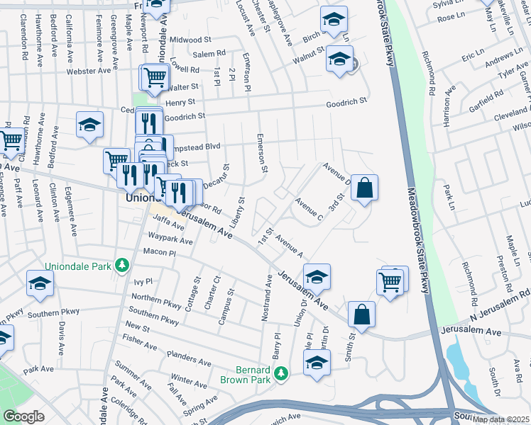 map of restaurants, bars, coffee shops, grocery stores, and more near 1st Street in Uniondale