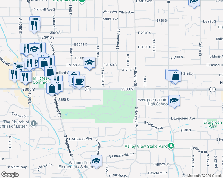 map of restaurants, bars, coffee shops, grocery stores, and more near 1700 300 South in Salt Lake City