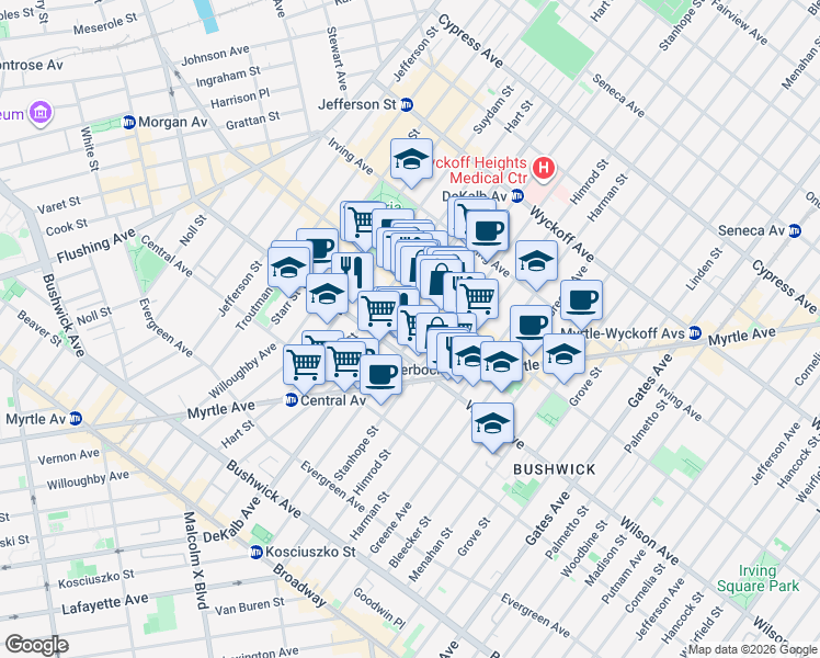 map of restaurants, bars, coffee shops, grocery stores, and more near 161 Stockholm Street in Brooklyn