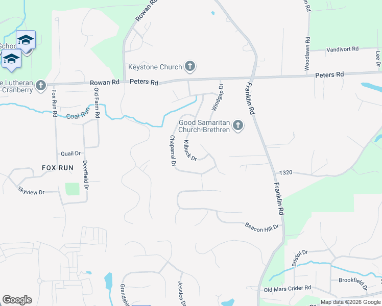 map of restaurants, bars, coffee shops, grocery stores, and more near 742 Kilbuck Drive in Cranberry Township