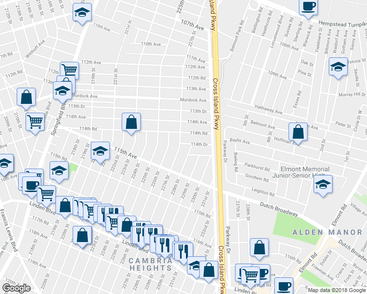 map of restaurants, bars, coffee shops, grocery stores, and more near 227-08 114th Drive in Queens