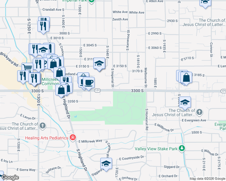 map of restaurants, bars, coffee shops, grocery stores, and more near 1700 300 South in Salt Lake City