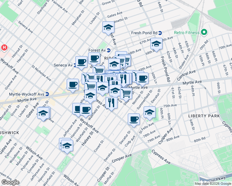 map of restaurants, bars, coffee shops, grocery stores, and more near 979 Seneca Avenue in Queens