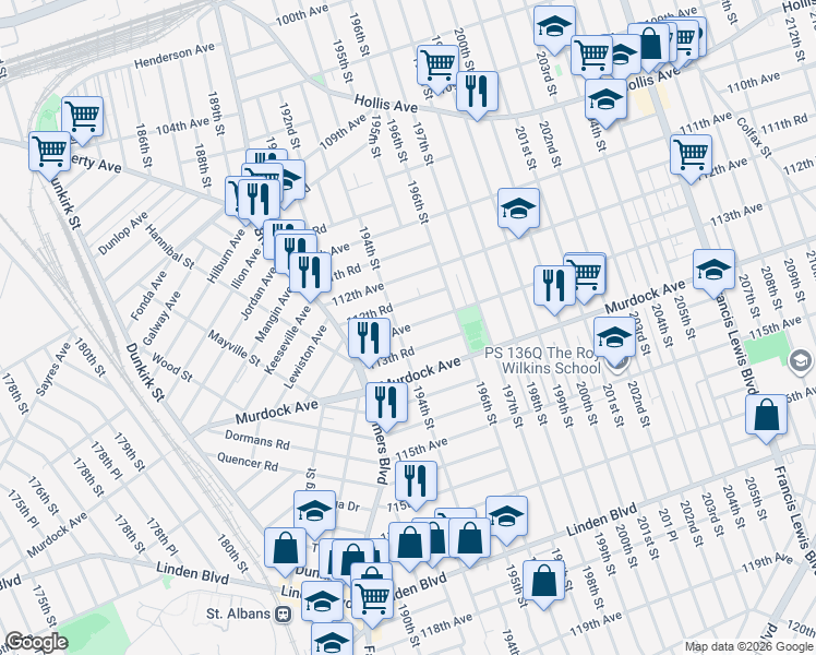 map of restaurants, bars, coffee shops, grocery stores, and more near 191-45 113th Road in Queens