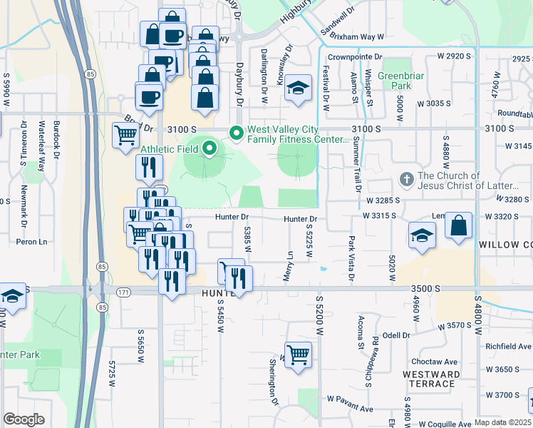 map of restaurants, bars, coffee shops, grocery stores, and more near 3351 South Hunter Court in West Valley City