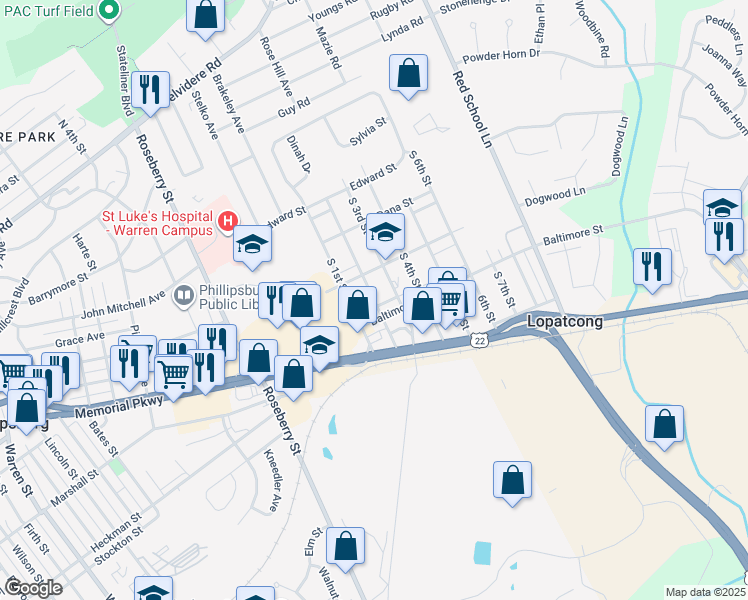 map of restaurants, bars, coffee shops, grocery stores, and more near 211 2nd Street in Phillipsburg