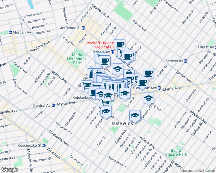 map of restaurants, bars, coffee shops, grocery stores, and more near 1333 Greene Avenue in Brooklyn